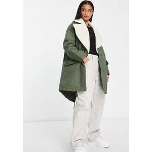 New NWT ASOS Quilt Lined Parka Coat With Borg‎ Collar In Olive Size 8